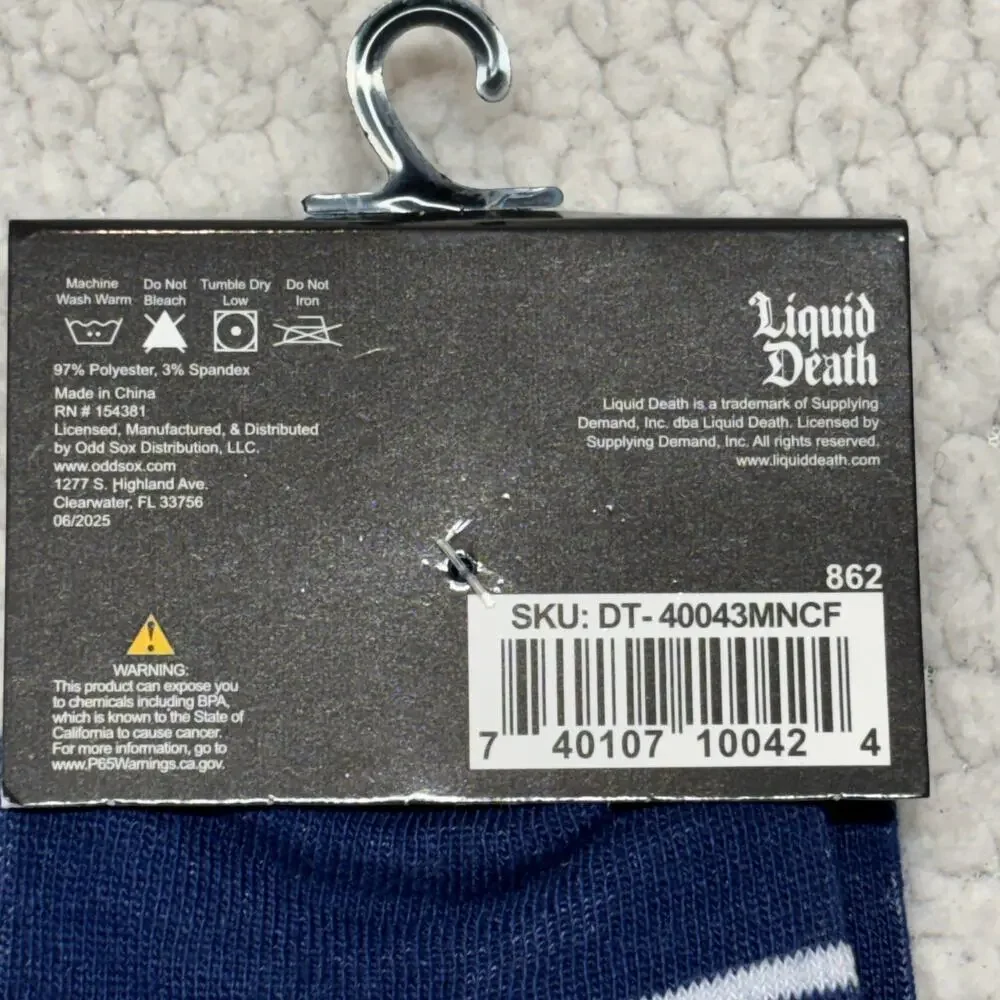 Liquid Death Crew Socks Fits Mens 6-12 Navy White Novelty Print 1 Pair NWT